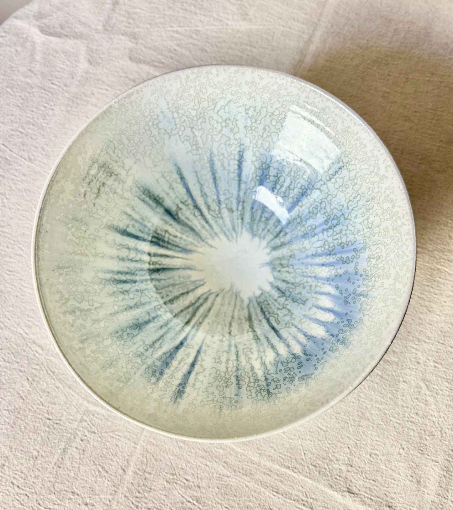 Large White and Speckled Blue Serving Bowl
