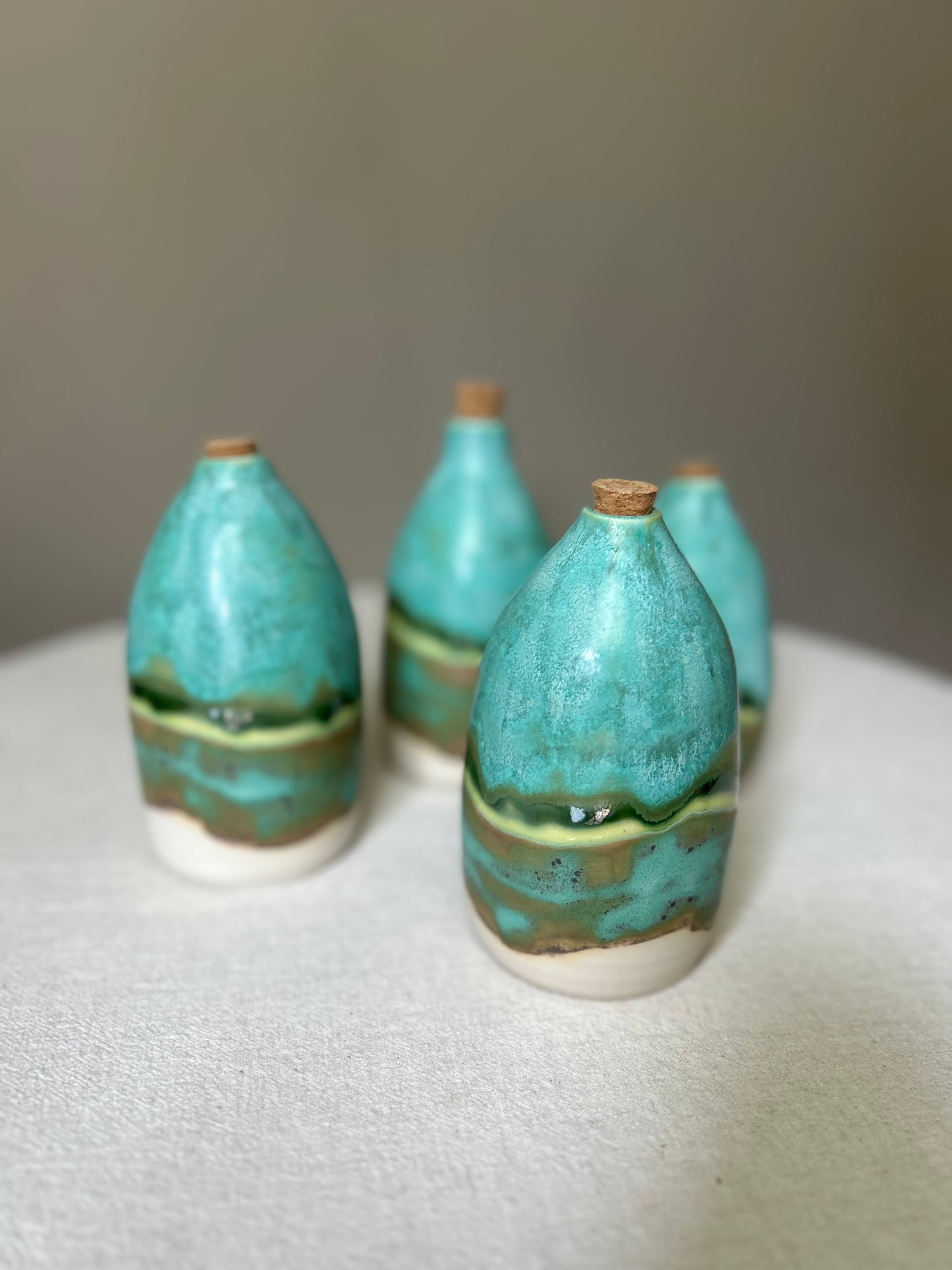 Corked Mottled Green Oil Bottles