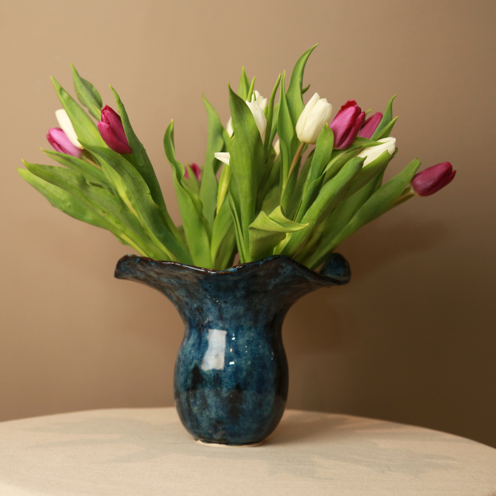 Large Blue Fluted Vase