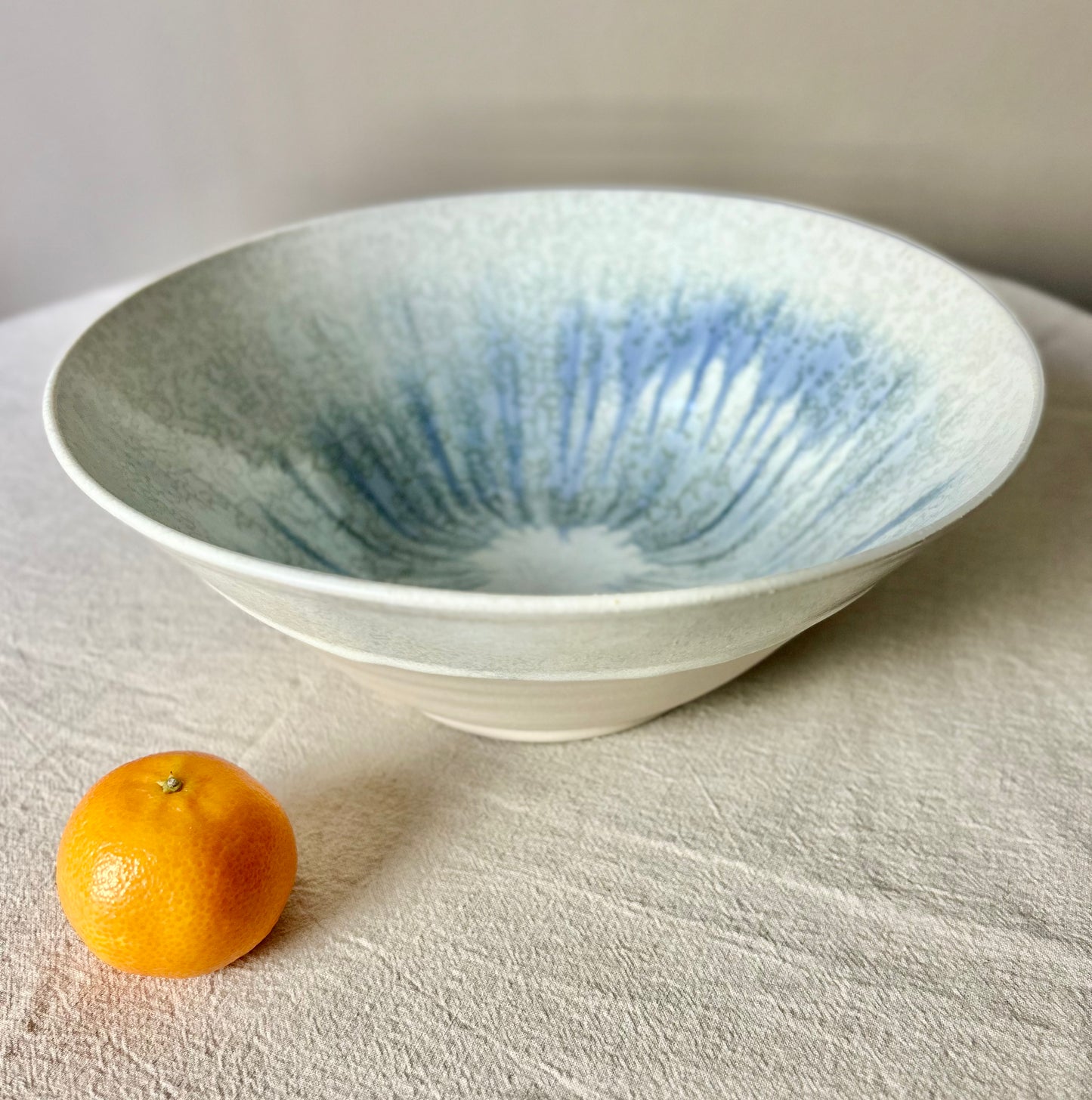 Large White and Speckled Blue Serving Bowl