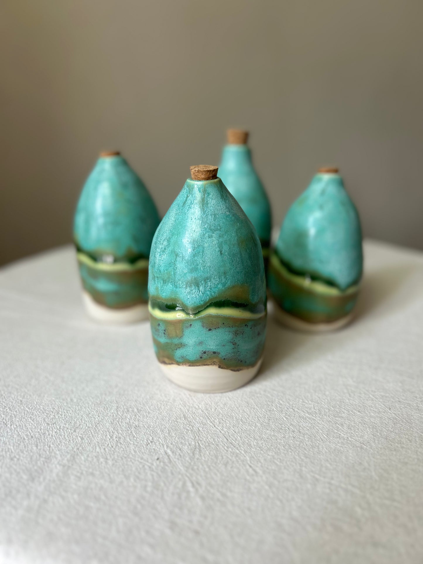 Corked Mottled Green Oil Bottles