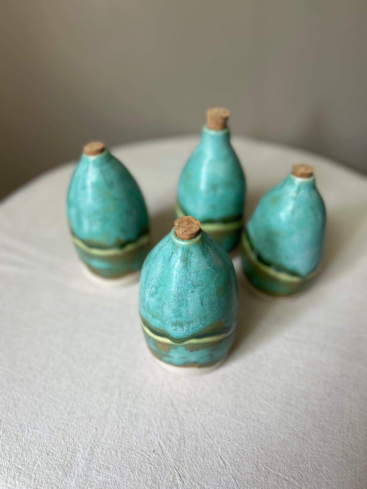 Corked Mottled Green Oil Bottles
